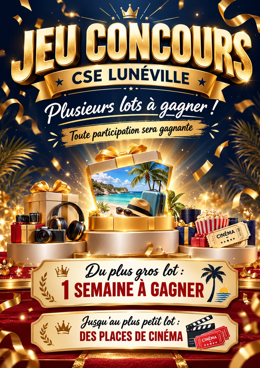 Affiche du jeu concours du CSE Lunéville : plusieurs lots à gagner, toute participation sera gagnante. Du plus gros lot, 1 semaine à gagner, jusqu'au plus petit lot, des places de cinéma.